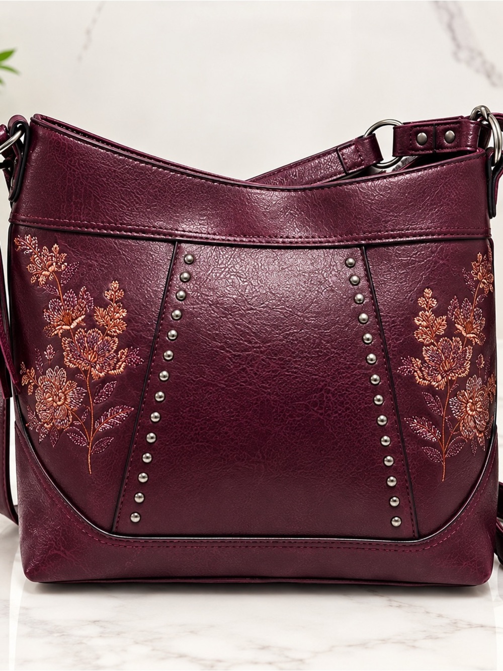 Embroidered Floral Shoulder Bag in Plum